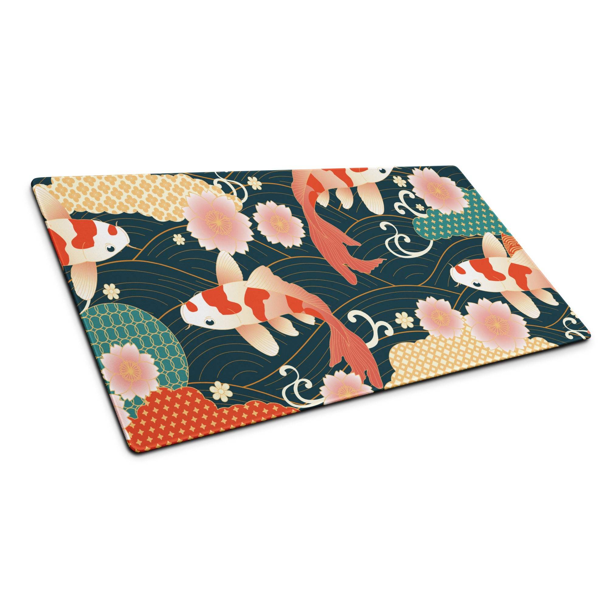Koi Garden Ocean Mouse Pad - Koi Fish Pattern Navy Teal Gold Desk Gaming Ukiyoe Vibrant Oriental Koi Desk Mat Digital Print