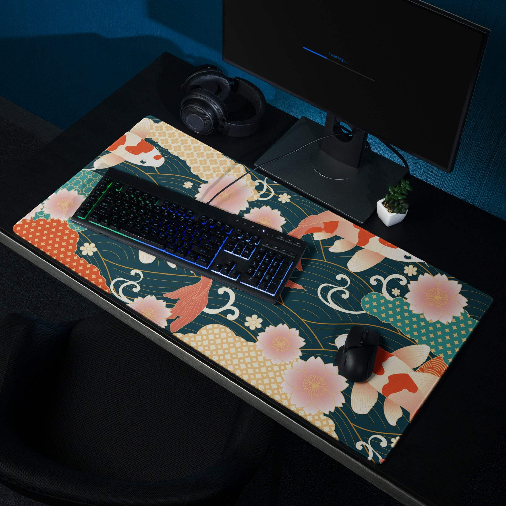 Koi Garden Ocean Mouse Pad - Koi Fish Pattern Navy Teal Gold Desk Gaming Ukiyoe Vibrant Oriental Koi Desk Mat Digital Print
