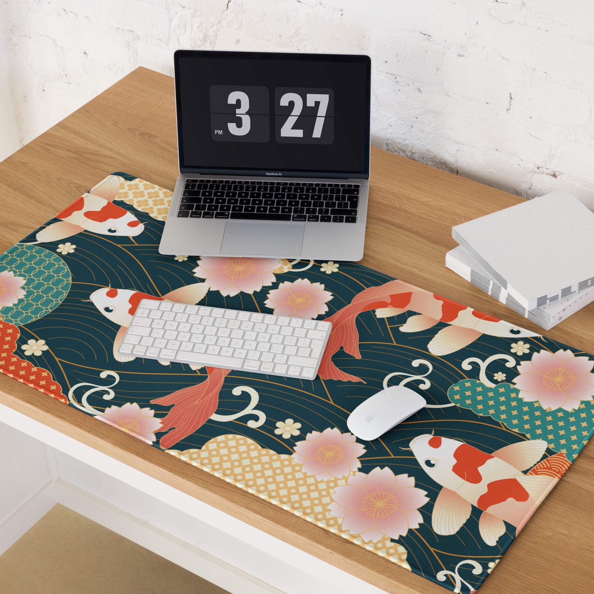 Koi Garden Ocean Mouse Pad - Koi Fish Pattern Navy Teal Gold Desk Gaming Ukiyoe Vibrant Oriental Koi Desk Mat Digital Print