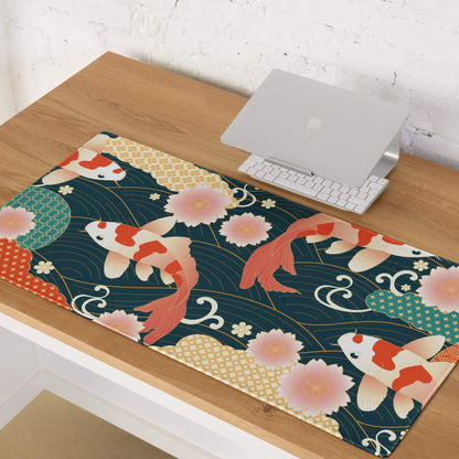 Koi Garden Ocean Mouse Pad - Koi Fish Pattern Navy Teal Gold Desk Gaming Ukiyoe Vibrant Oriental Koi Desk Mat Digital Print