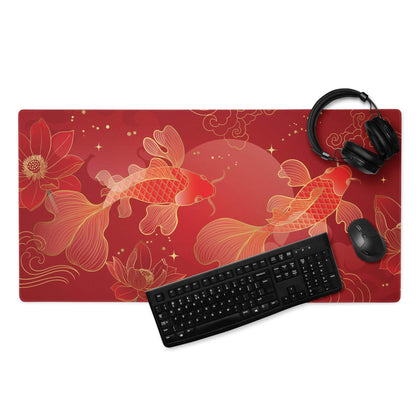 Crimson Koi Floral Gaming Pad - Koi Art Mouse Pad Red Gold Gaming Desk Luxurious Oriental Decor Gold Foil