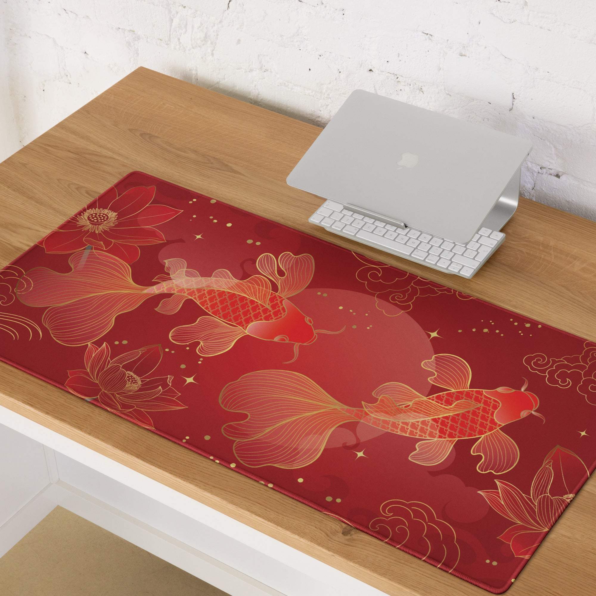 Crimson Koi Floral Gaming Pad - Koi Art Mouse Pad Red Gold Gaming Desk Luxurious Oriental Decor Gold Foil