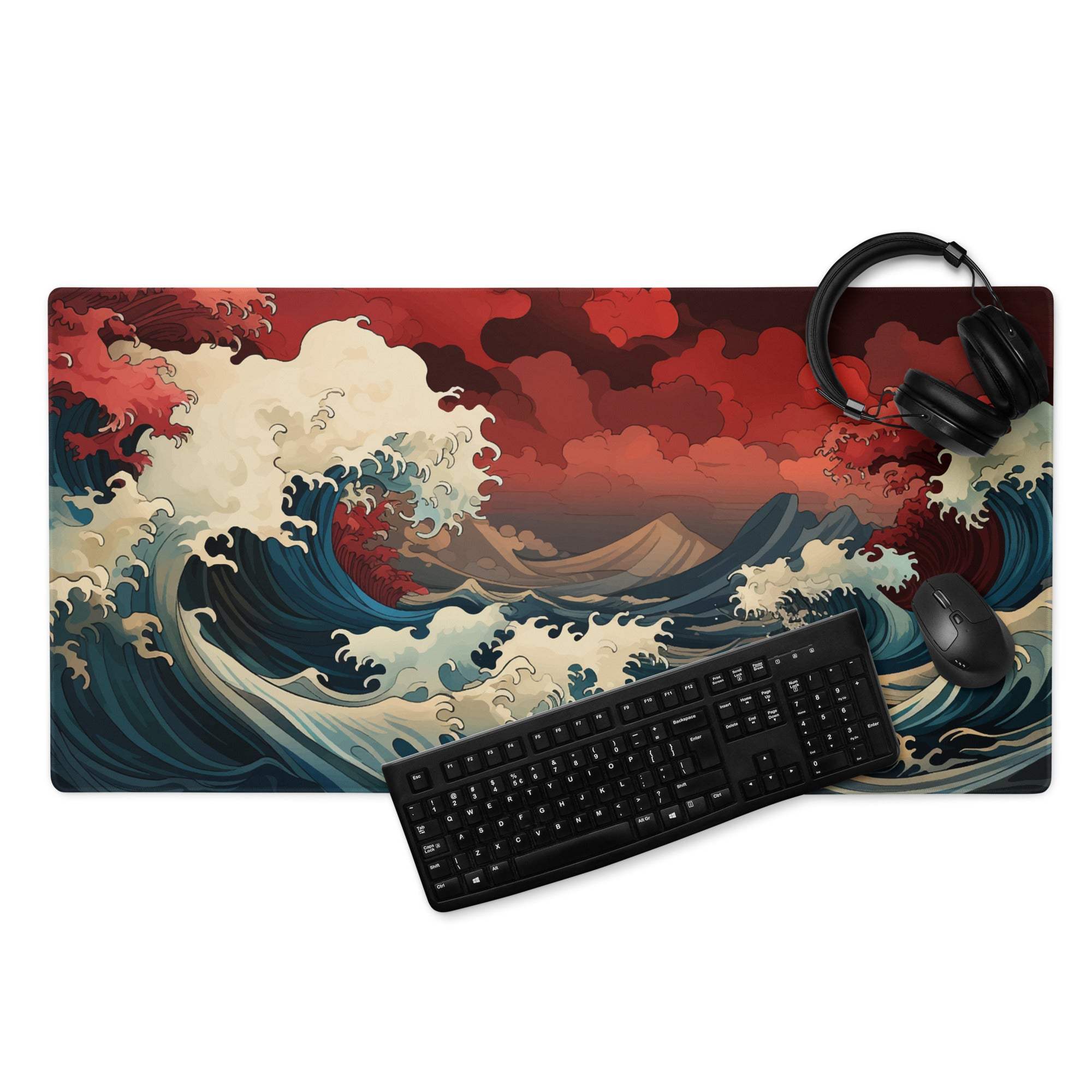 Ocean Wave Gaming Mouse Pad - Gaming Mouse Pad Red Navy Teal Desk Ukiyoe Dramatic Mood Modern Desk Decor Gaming Desk Mat