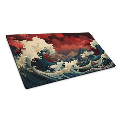 Ocean Wave Gaming Mouse Pad - Gaming Mouse Pad Red Navy Teal Desk Ukiyoe Dramatic Mood Modern Desk Decor Gaming Desk Mat