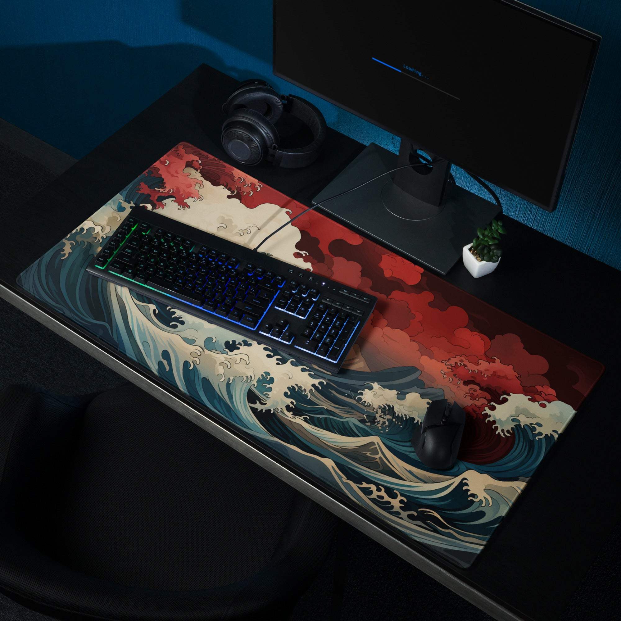 Ocean Wave Gaming Mouse Pad - Gaming Mouse Pad Red Navy Teal Desk Ukiyoe Dramatic Mood Modern Desk Decor Gaming Desk Mat