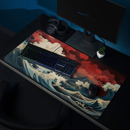 Ocean Wave Gaming Mouse Pad - Gaming Mouse Pad Red Navy Teal Desk Ukiyoe Dramatic Mood Modern Desk Decor Gaming Desk Mat