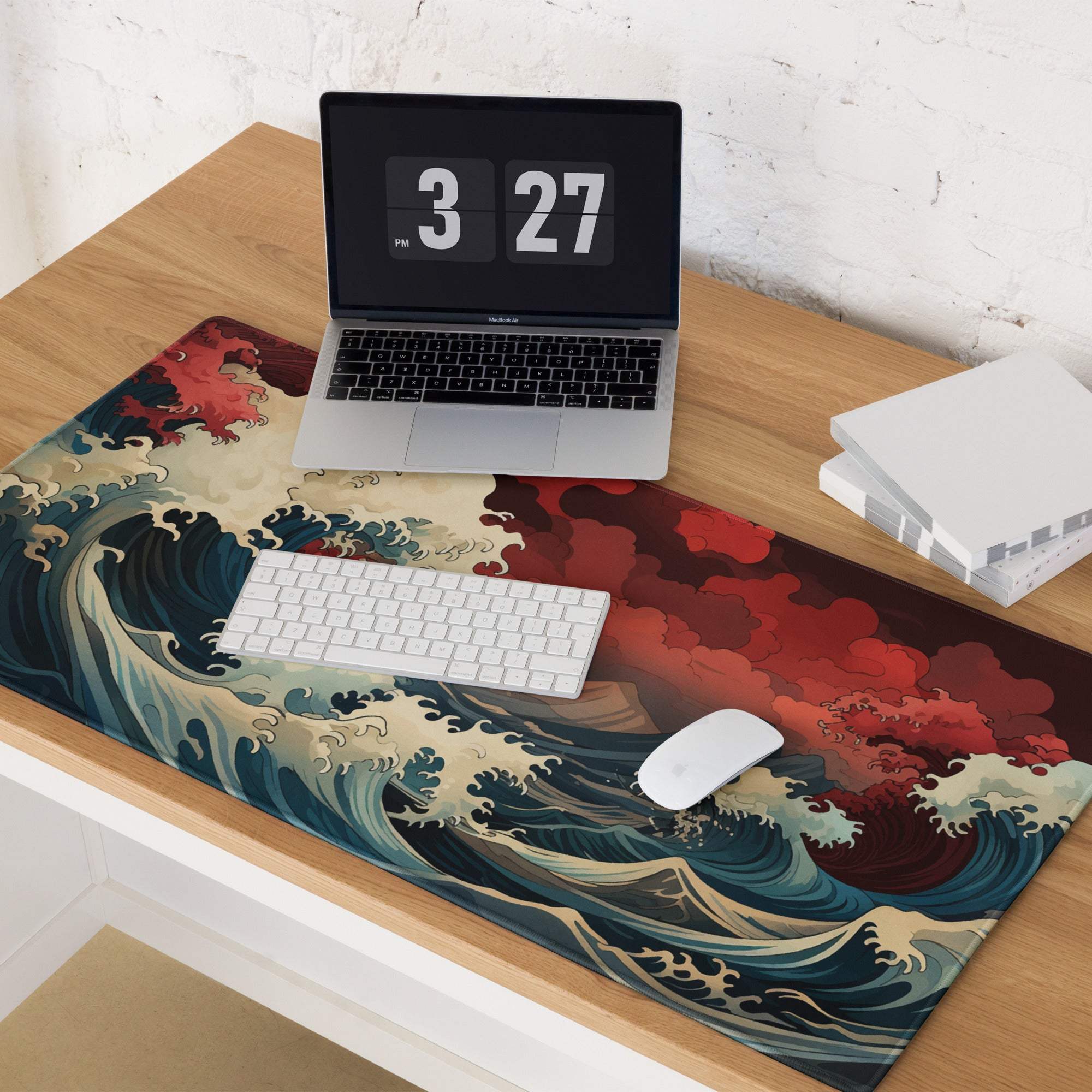 Ocean Wave Gaming Mouse Pad - Gaming Mouse Pad Red Navy Teal Desk Ukiyoe Dramatic Mood Modern Desk Decor Gaming Desk Mat