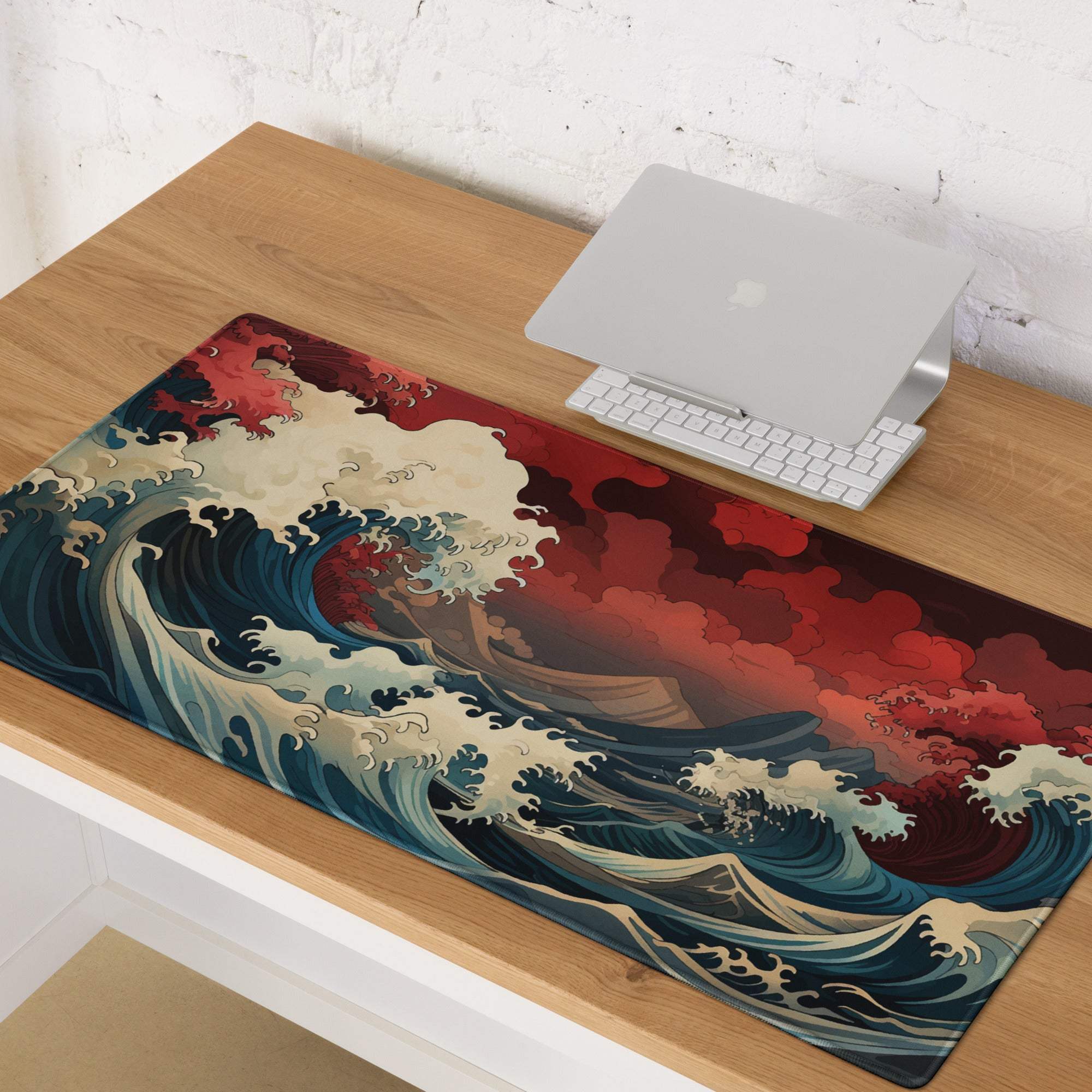 Ocean Wave Gaming Mouse Pad - Gaming Mouse Pad Red Navy Teal Desk Ukiyoe Dramatic Mood Modern Desk Decor Gaming Desk Mat