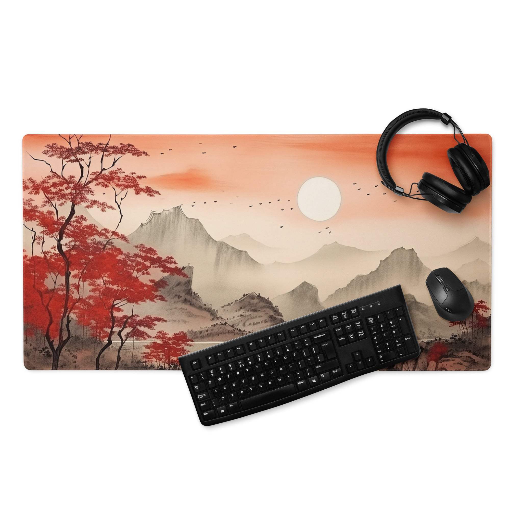 Crimson Autumn Landscape Desk Pad - Landscape Desk Pad Crimson Orange Ink Wash Calm Mood Zen Decor Asian Landscape Art