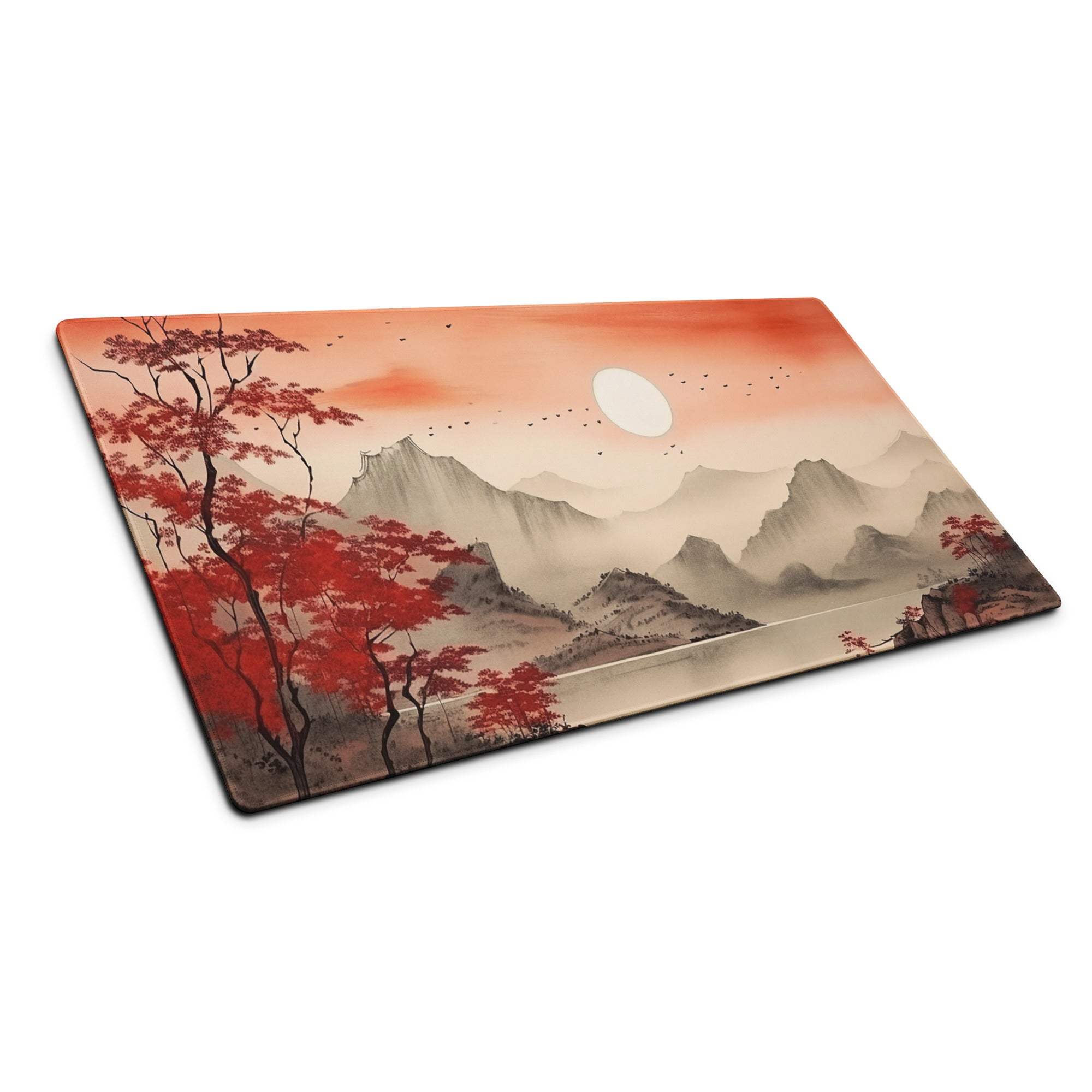 Crimson Autumn Landscape Desk Pad - Landscape Desk Pad Crimson Orange Ink Wash Calm Mood Zen Decor Asian Landscape Art