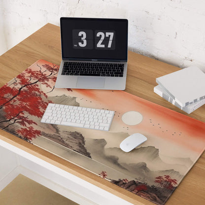 Crimson Autumn Landscape Desk Pad - Landscape Desk Pad Crimson Orange Ink Wash Calm Mood Zen Decor Asian Landscape Art