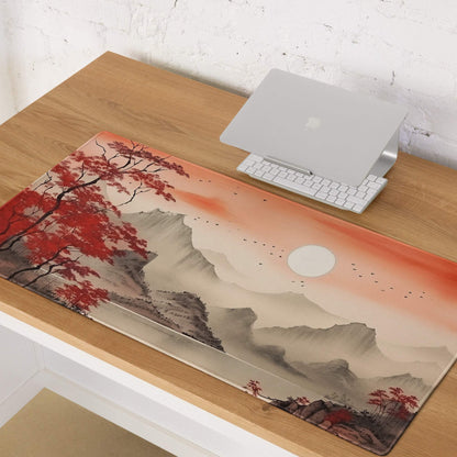 Crimson Autumn Landscape Desk Pad - Landscape Desk Pad Crimson Orange Ink Wash Calm Mood Zen Decor Asian Landscape Art