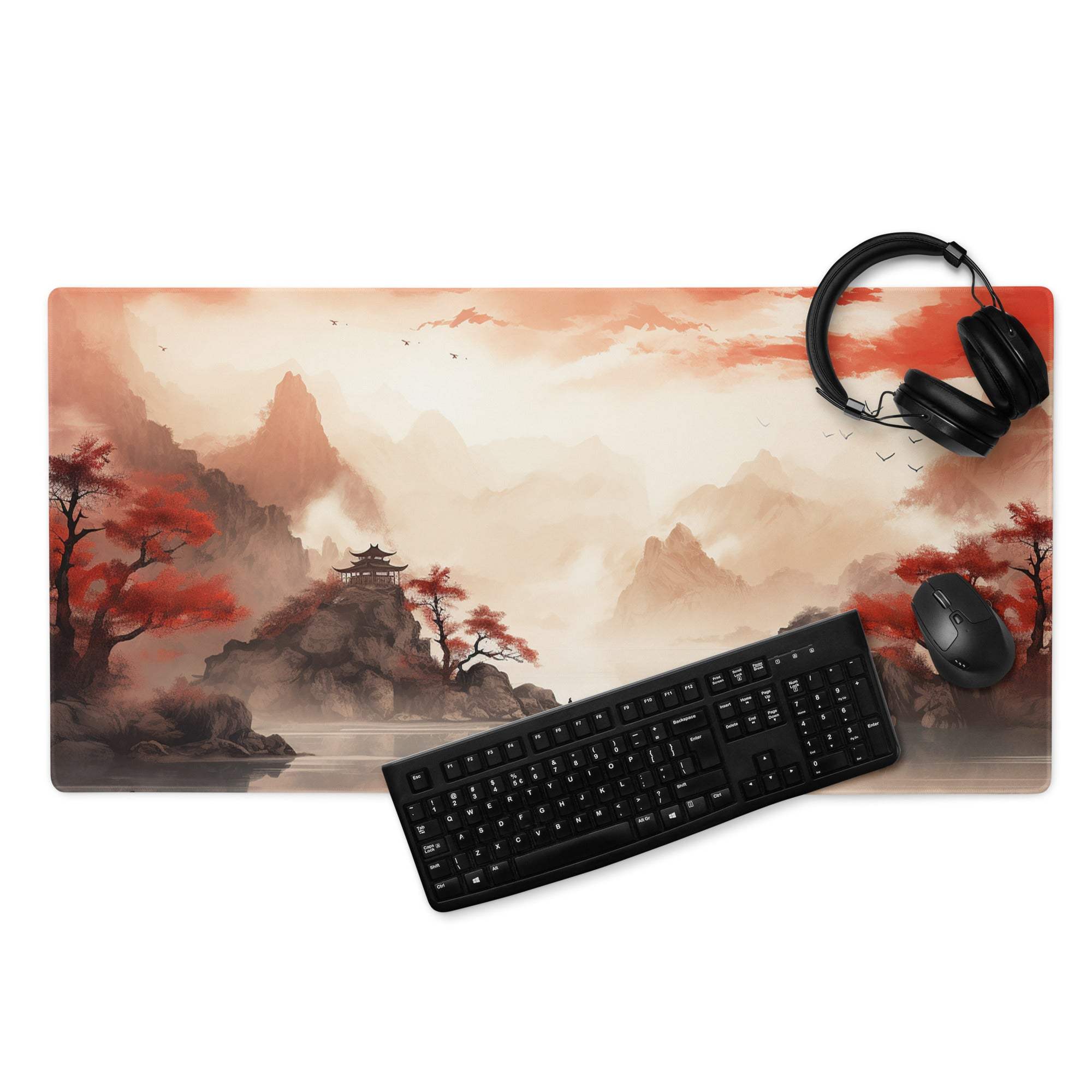 Autumn Mountain Landscape Mouse Pad - Autumn Mountain Landscape Orange Red Gaming Desk Ink Warm Mood Zen Desk Mat Digital