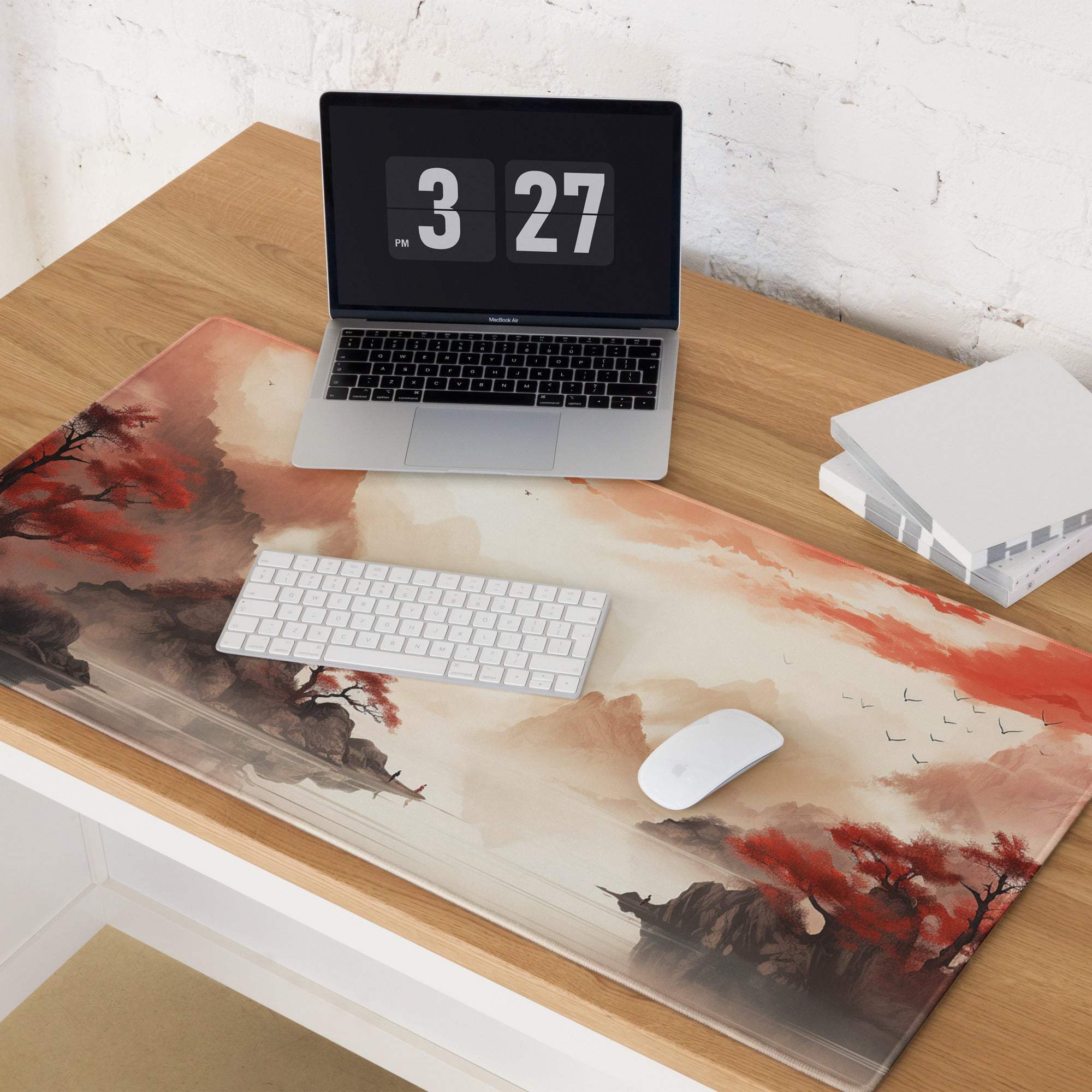 Autumn Mountain Landscape Mouse Pad - Autumn Mountain Landscape Orange Red Gaming Desk Ink Warm Mood Zen Desk Mat Digital