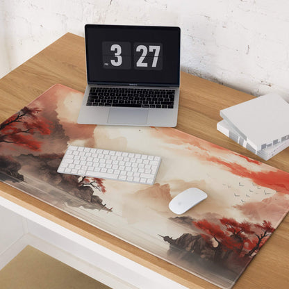 Autumn Mountain Landscape Mouse Pad - Autumn Mountain Landscape Orange Red Gaming Desk Ink Warm Mood Zen Desk Mat Digital