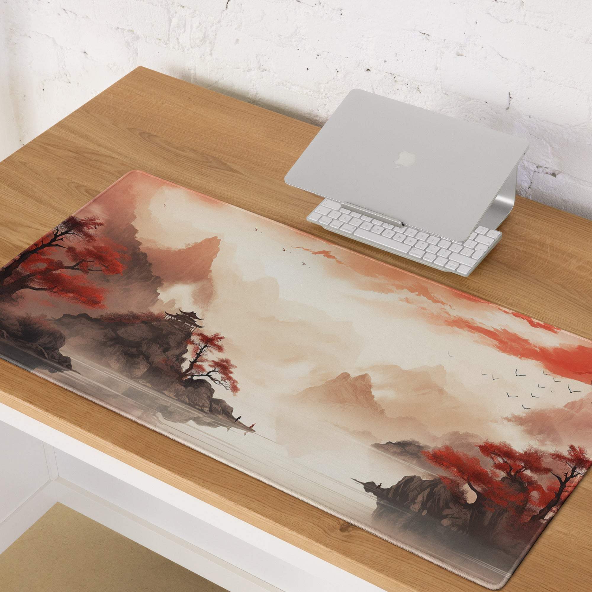Autumn Mountain Landscape Mouse Pad - Autumn Mountain Landscape Orange Red Gaming Desk Ink Warm Mood Zen Desk Mat Digital