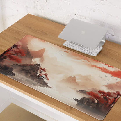 Autumn Mountain Landscape Mouse Pad - Autumn Mountain Landscape Orange Red Gaming Desk Ink Warm Mood Zen Desk Mat Digital
