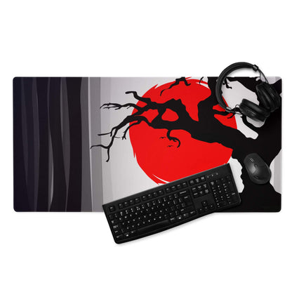 Crimson Moon Tree Gaming Pad - Gaming Mouse Pad Crimson Red Black Silhouette Art - Dramatic Mood Anime Inspired