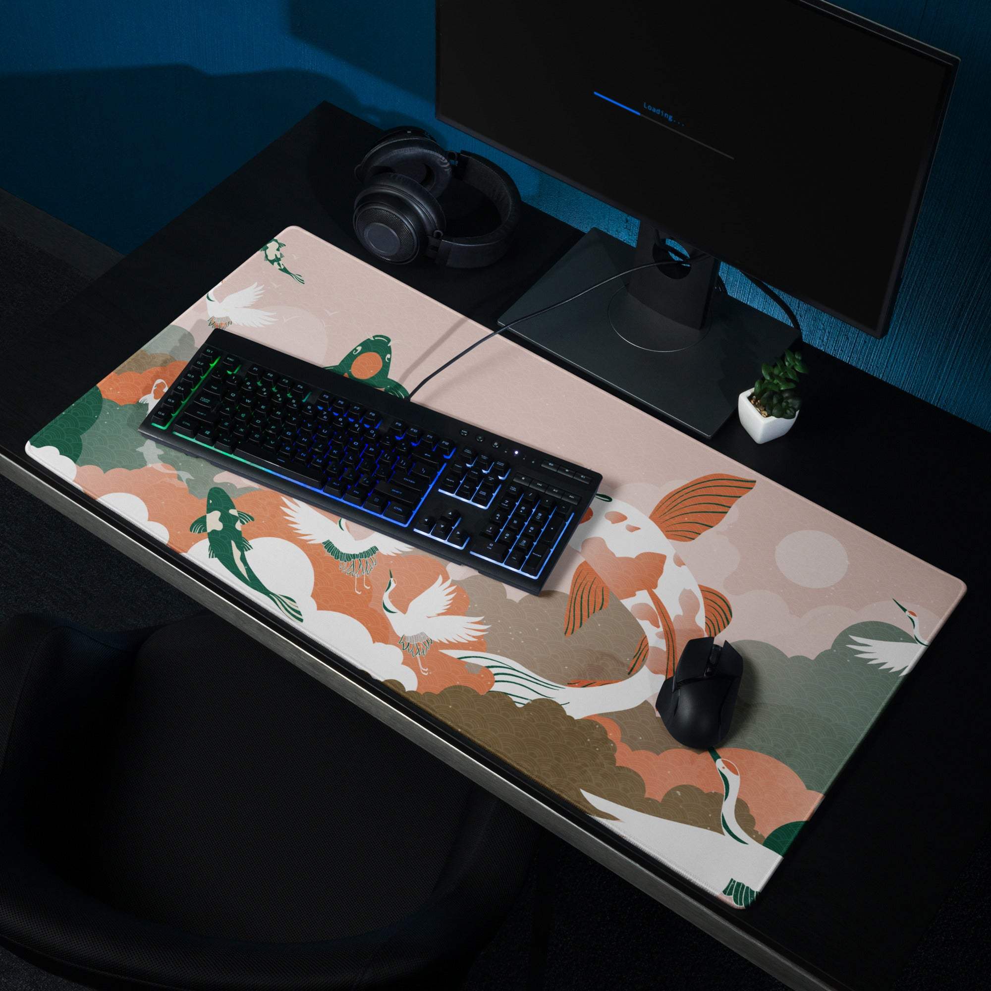 Koi Wave Large Gaming Mouse Pad - Mouse Pad Pink Koi Desk Setup Japanese Art Calm Mood Modern Decor Gaming Desk Mat