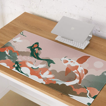Koi Wave Large Gaming Mouse Pad - Mouse Pad Pink Koi Desk Setup Japanese Art Calm Mood Modern Decor Gaming Desk Mat