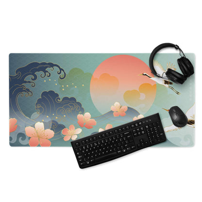 Crane Sunrise Ukiyoe Mouse Pad - Mouse Pad Teal Blue Coral Orange Japanese Ukiyoe Calm Mood Asian Decor Digital Art