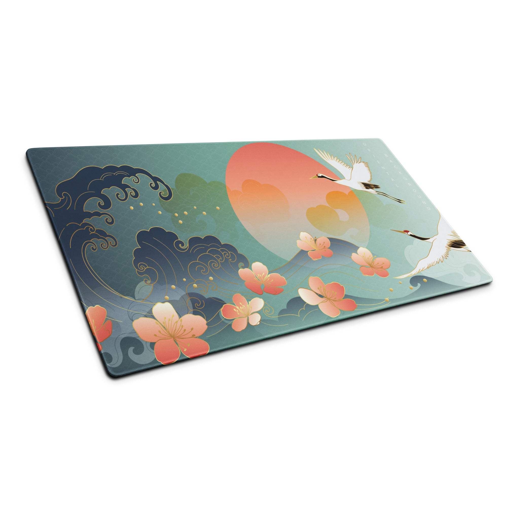 Crane Sunrise Ukiyoe Mouse Pad - Mouse Pad Teal Blue Coral Orange Japanese Ukiyoe Calm Mood Asian Decor Digital Art