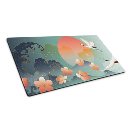 Crane Sunrise Ukiyoe Mouse Pad - Mouse Pad Teal Blue Coral Orange Japanese Ukiyoe Calm Mood Asian Decor Digital Art