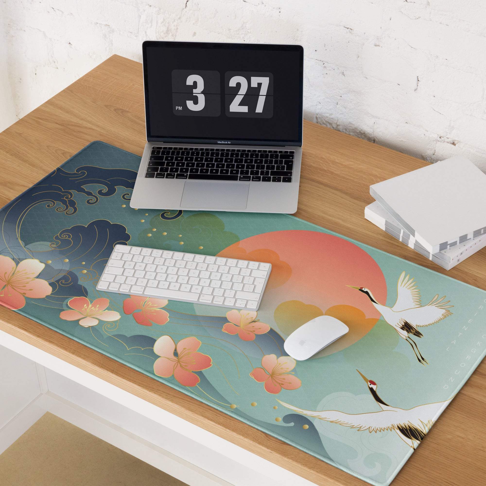 Crane Sunrise Ukiyoe Mouse Pad - Mouse Pad Teal Blue Coral Orange Japanese Ukiyoe Calm Mood Asian Decor Digital Art