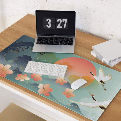 Crane Sunrise Ukiyoe Mouse Pad - Mouse Pad Teal Blue Coral Orange Japanese Ukiyoe Calm Mood Asian Decor Digital Art