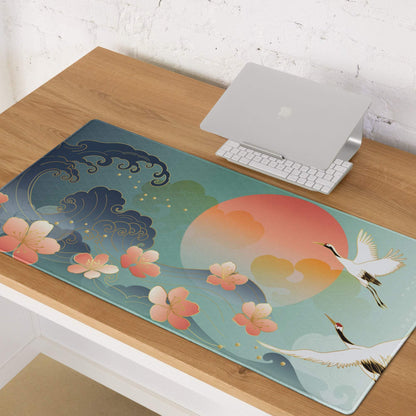 Crane Sunrise Ukiyoe Mouse Pad - Mouse Pad Teal Blue Coral Orange Japanese Ukiyoe Calm Mood Asian Decor Digital Art