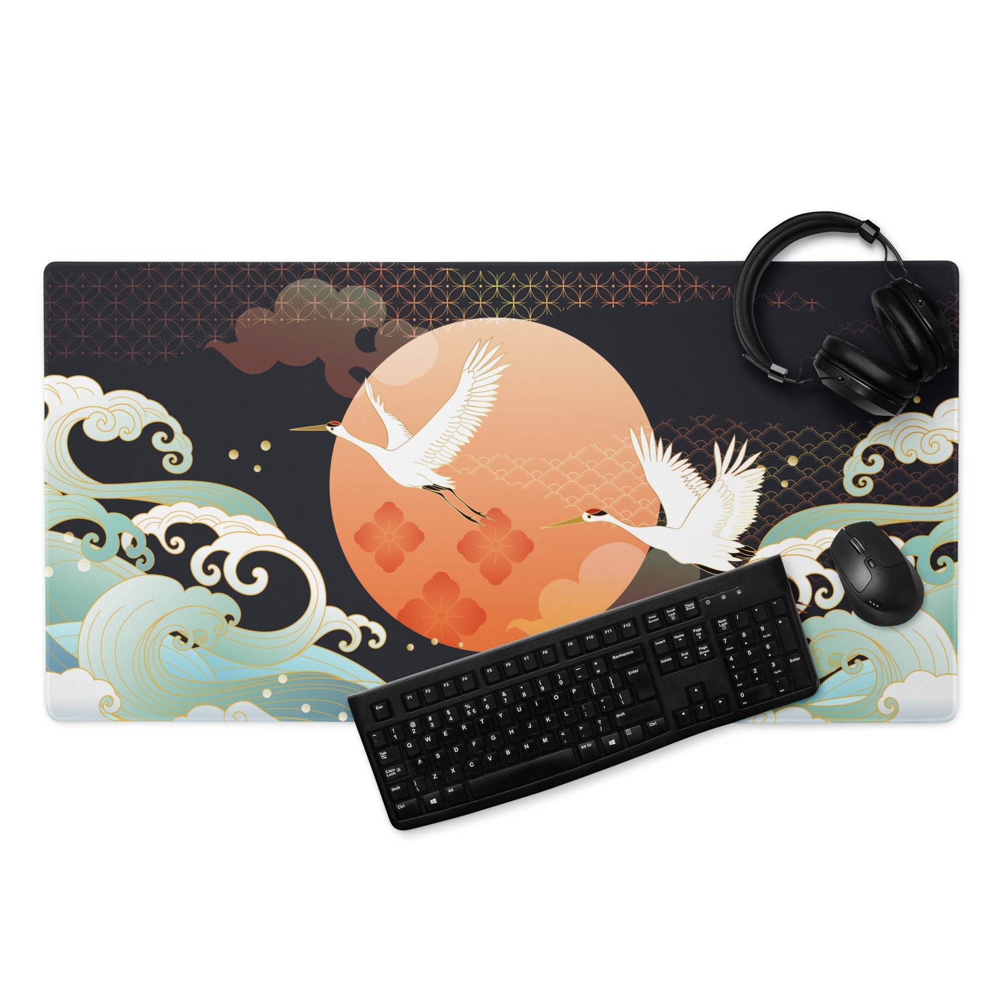 Crane Moon Nightscape Gaming Mouse Pad - Crane Moon Desk Pad Orange Majestic Japanese Inspired Desk Pad Digital Art