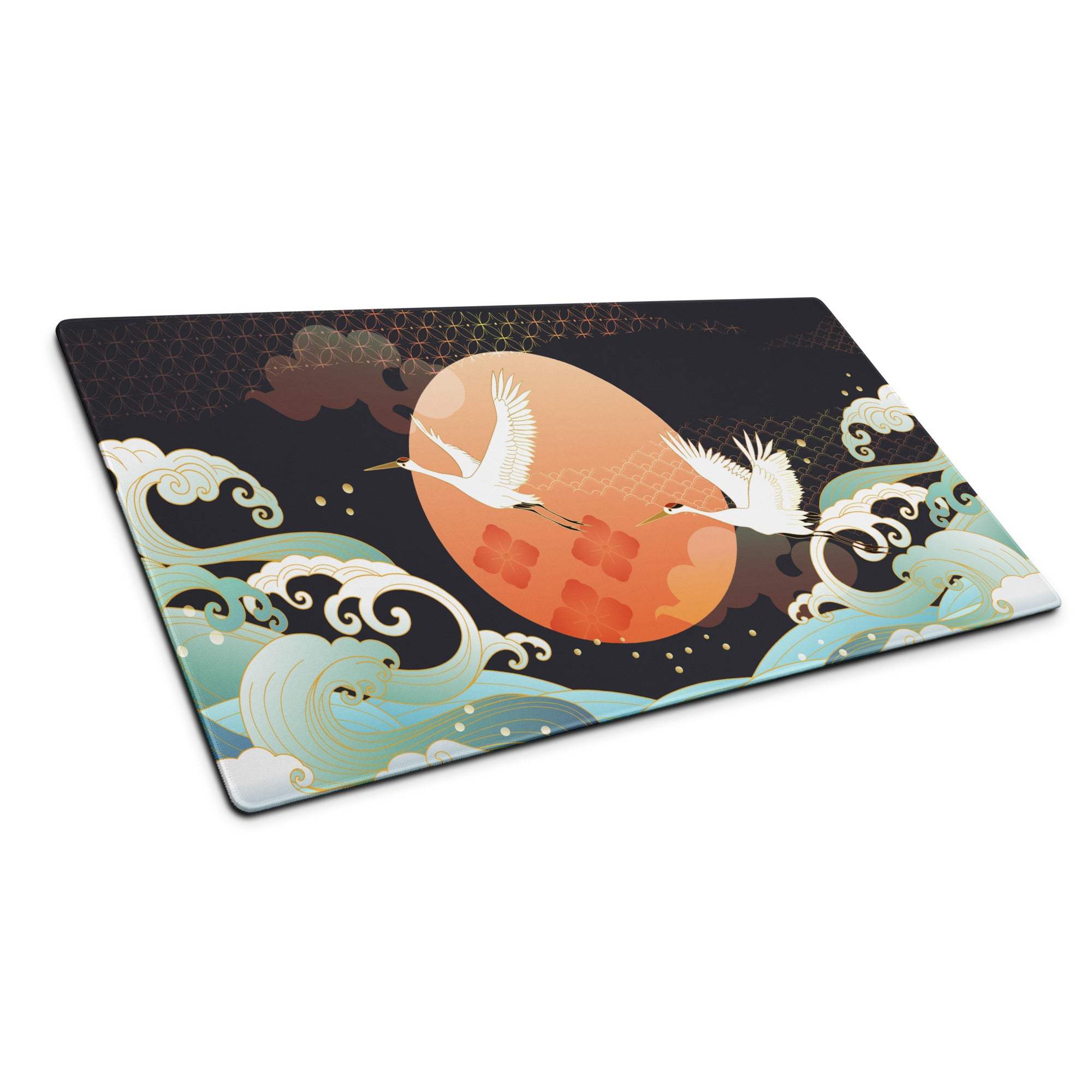 Crane Moon Nightscape Gaming Mouse Pad - Crane Moon Desk Pad Orange Majestic Japanese Inspired Desk Pad Digital Art