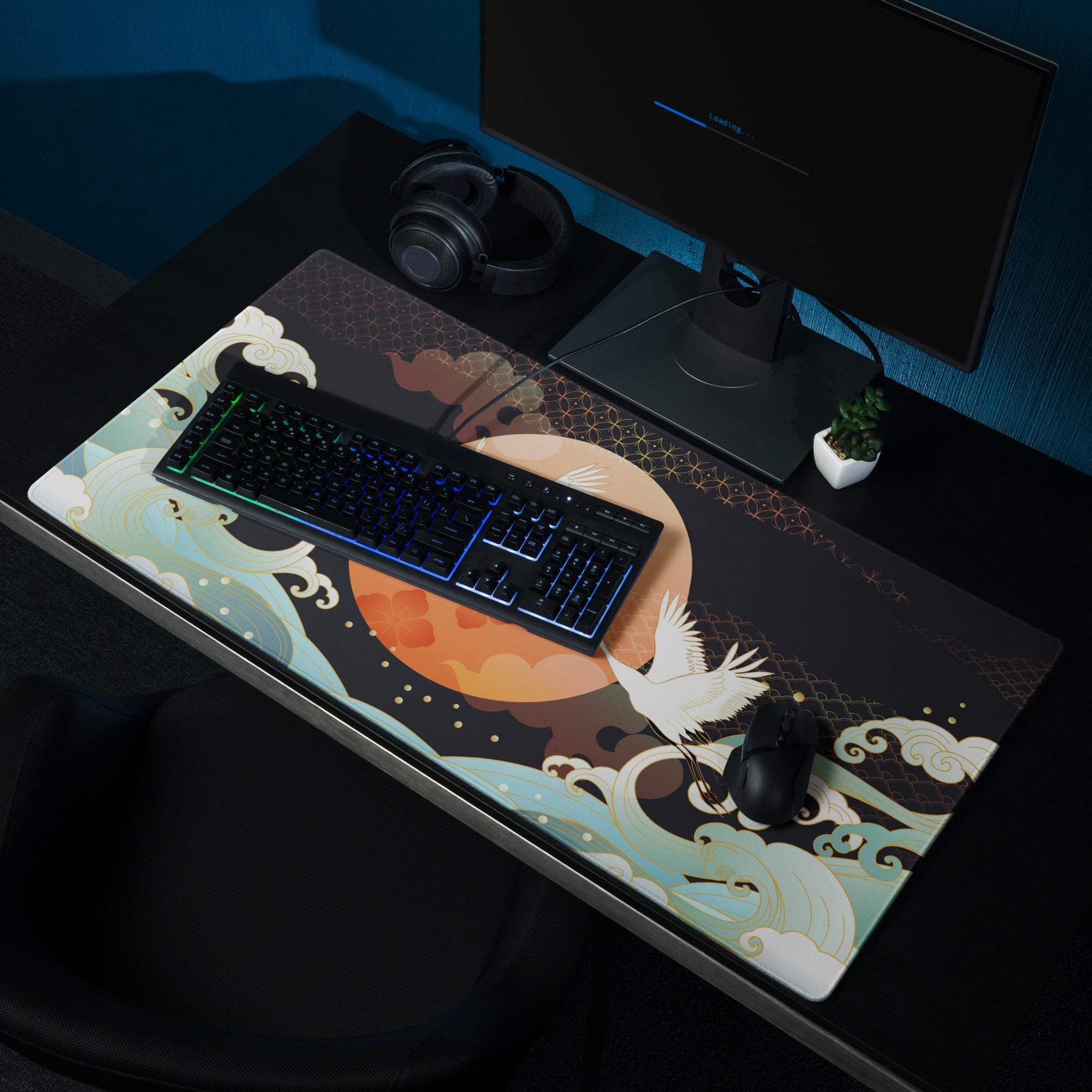 Crane Moon Nightscape Gaming Mouse Pad - Crane Moon Desk Pad Orange Majestic Japanese Inspired Desk Pad Digital Art
