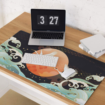 Crane Moon Nightscape Gaming Mouse Pad - Crane Moon Desk Pad Orange Majestic Japanese Inspired Desk Pad Digital Art
