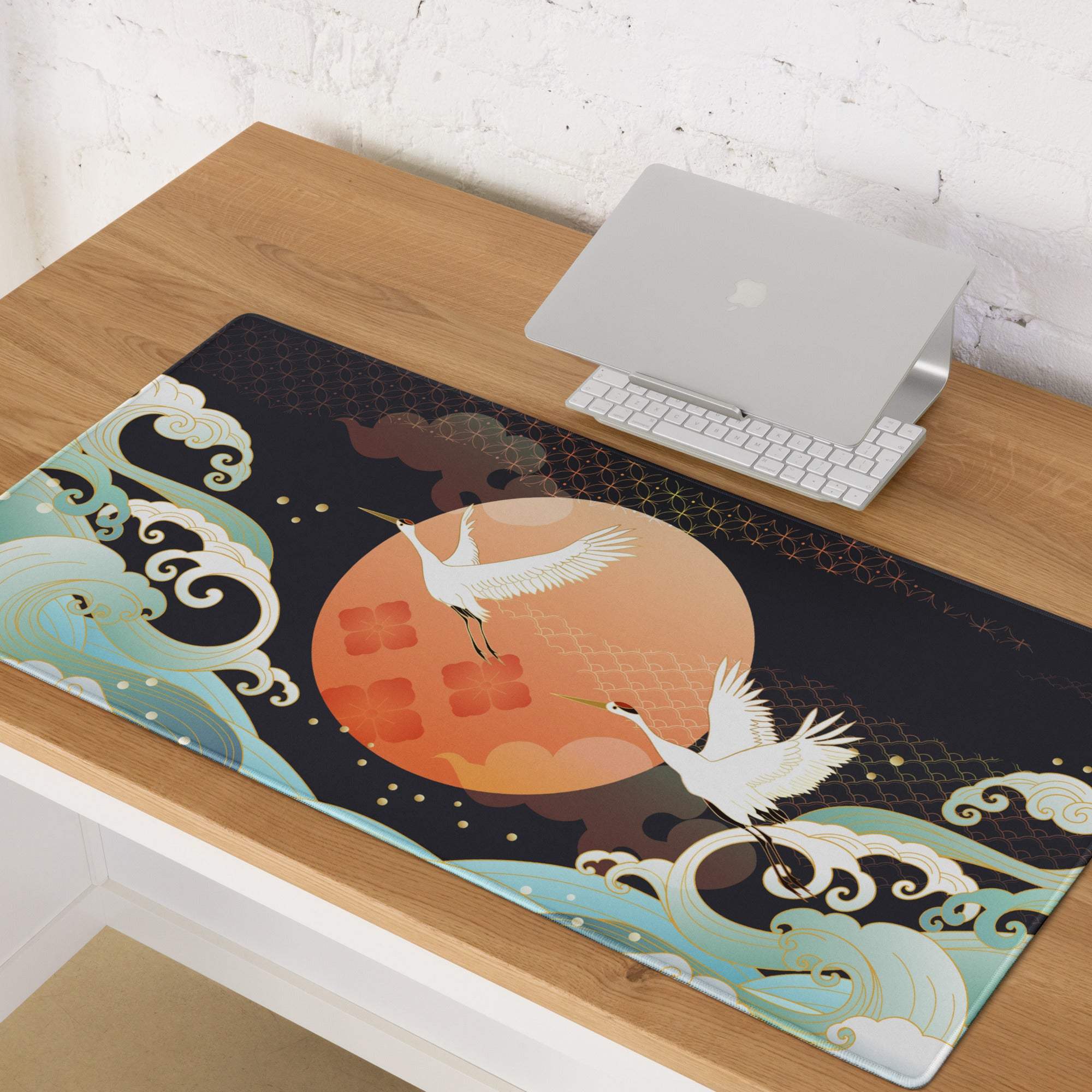 Crane Moon Nightscape Gaming Mouse Pad - Crane Moon Desk Pad Orange Majestic Japanese Inspired Desk Pad Digital Art