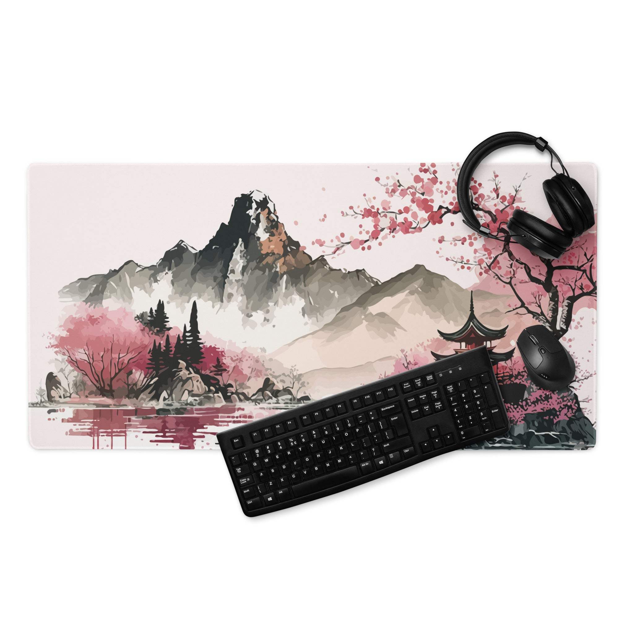 Cherry Blossom Mountain Desk Pad - Mountain Cherry Blossom Pink Desk Pad Zen Calm Vibe Minimalist Asian Decor Gaming Pad