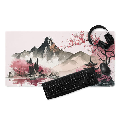 Cherry Blossom Mountain Desk Pad - Mountain Cherry Blossom Pink Desk Pad Zen Calm Vibe Minimalist Asian Decor Gaming Pad