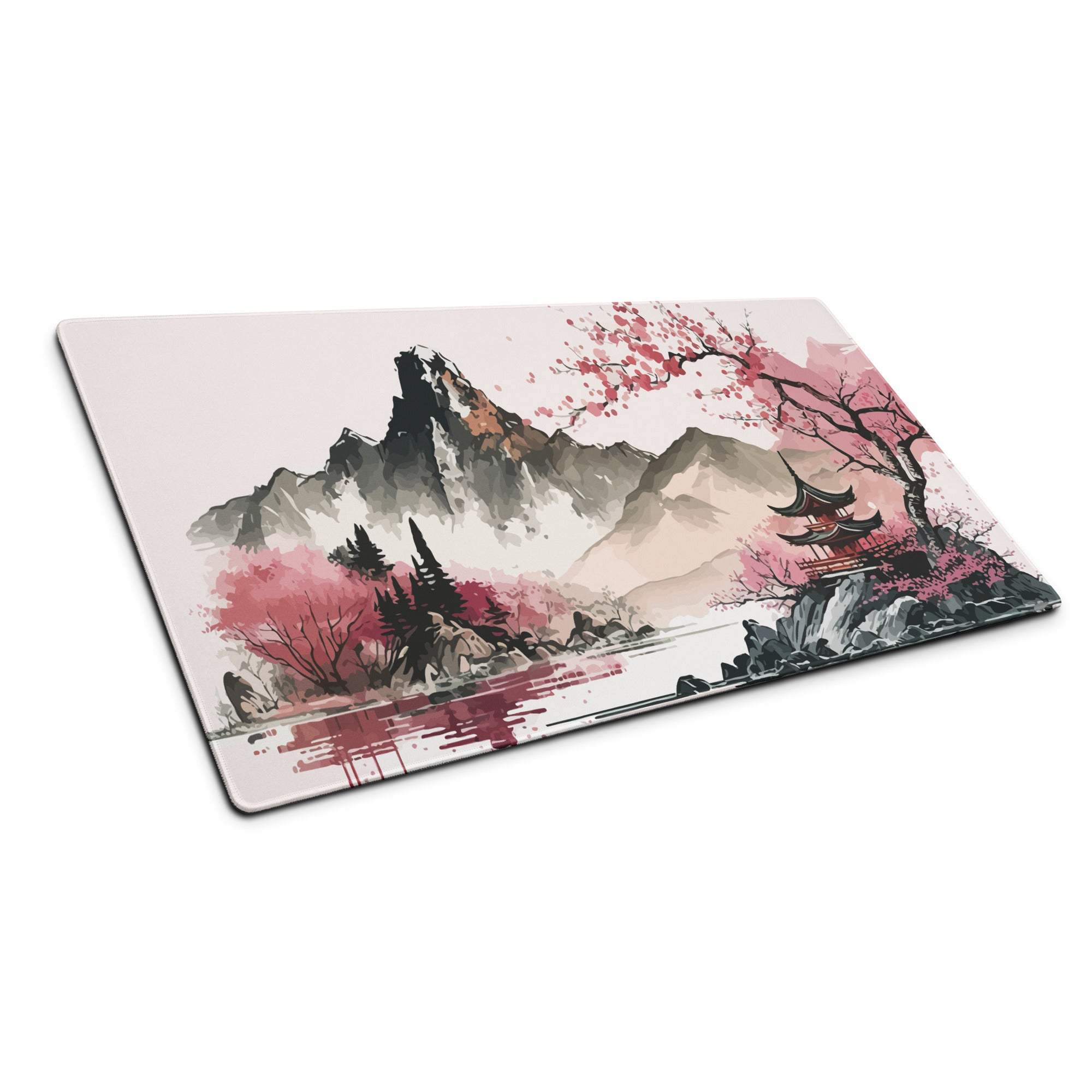 Cherry Blossom Mountain Desk Pad - Mountain Cherry Blossom Pink Desk Pad Zen Calm Vibe Minimalist Asian Decor Gaming Pad