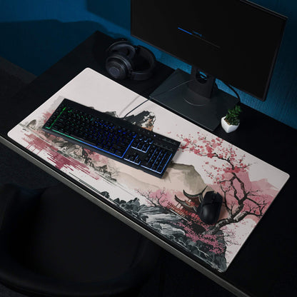 Cherry Blossom Mountain Desk Pad - Mountain Cherry Blossom Pink Desk Pad Zen Calm Vibe Minimalist Asian Decor Gaming Pad
