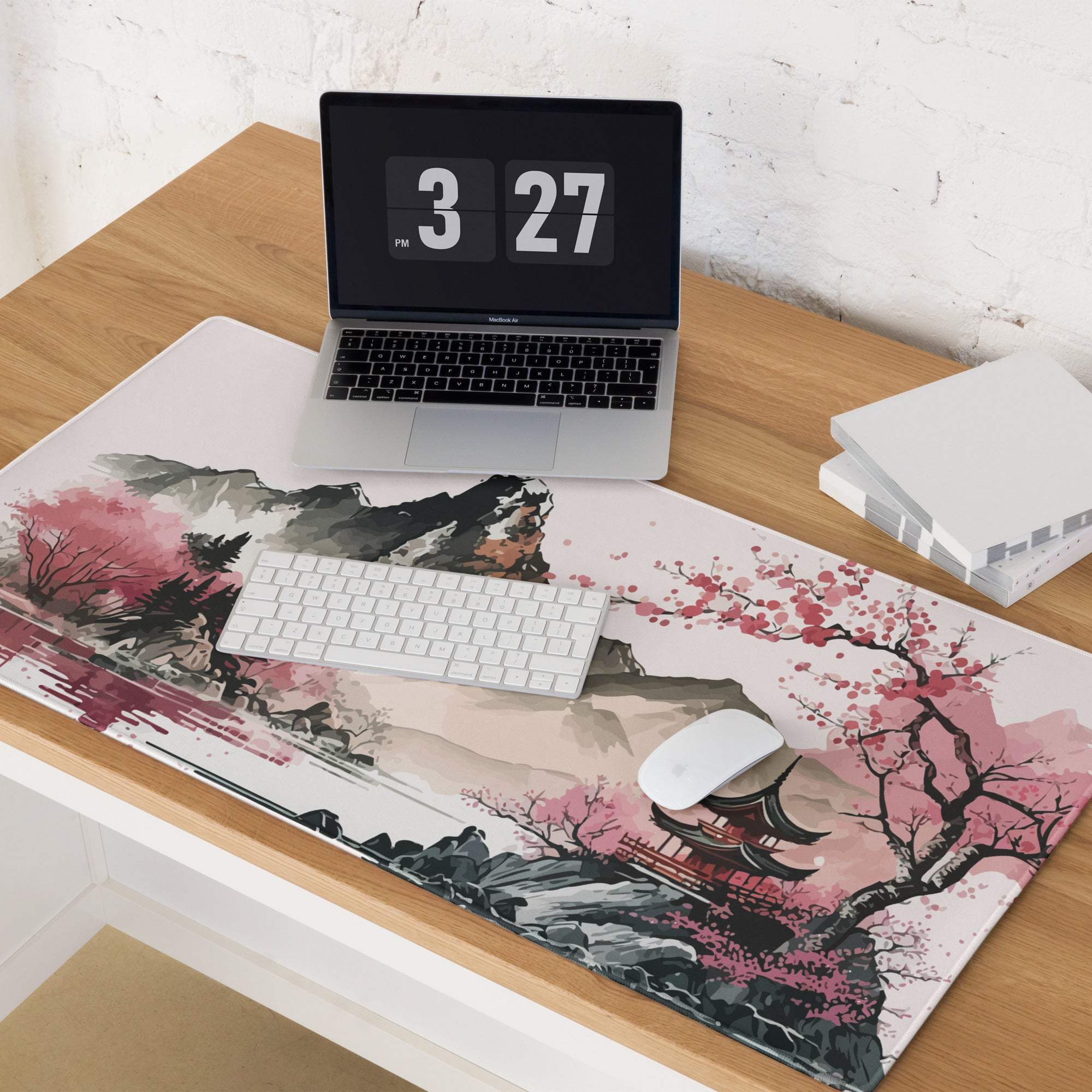 Cherry Blossom Mountain Desk Pad - Mountain Cherry Blossom Pink Desk Pad Zen Calm Vibe Minimalist Asian Decor Gaming Pad