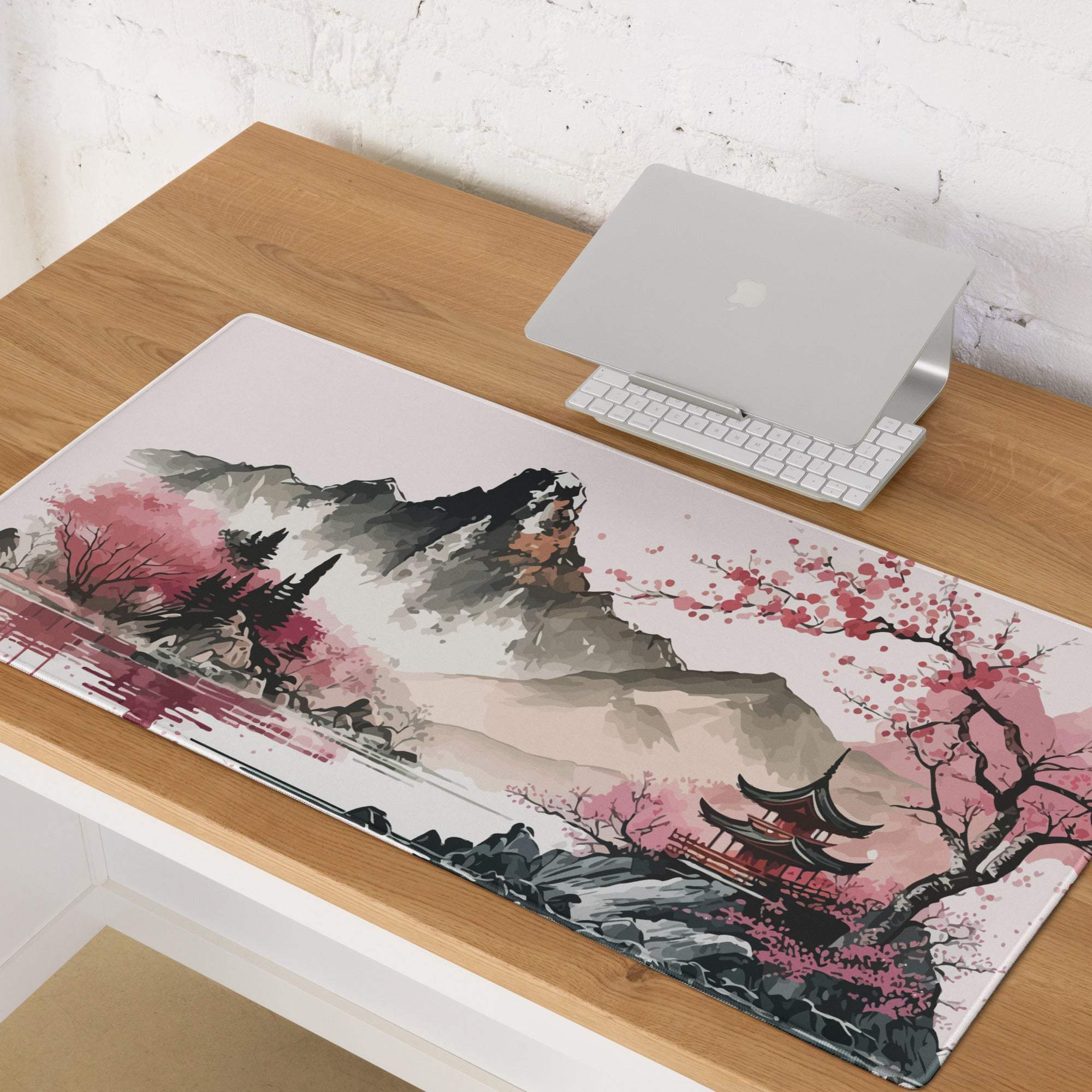 Cherry Blossom Mountain Desk Pad - Mountain Cherry Blossom Pink Desk Pad Zen Calm Vibe Minimalist Asian Decor Gaming Pad
