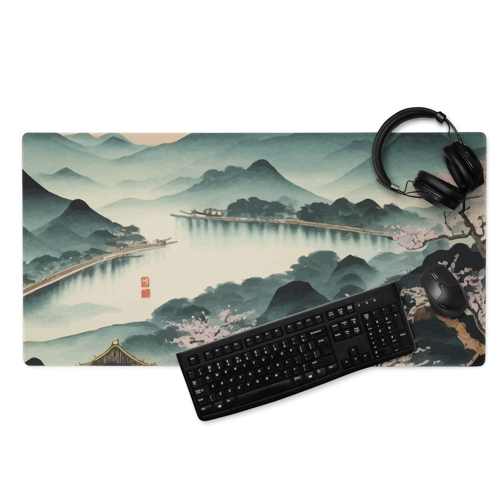 Serene Mountain Landscape Mouse Pad - Mountain Landscape Cherry Blossoms Teal Pink Desk Painterly Mood Watercolor
