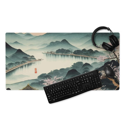 Serene Mountain Landscape Mouse Pad - Mountain Landscape Cherry Blossoms Teal Pink Desk Painterly Mood Watercolor
