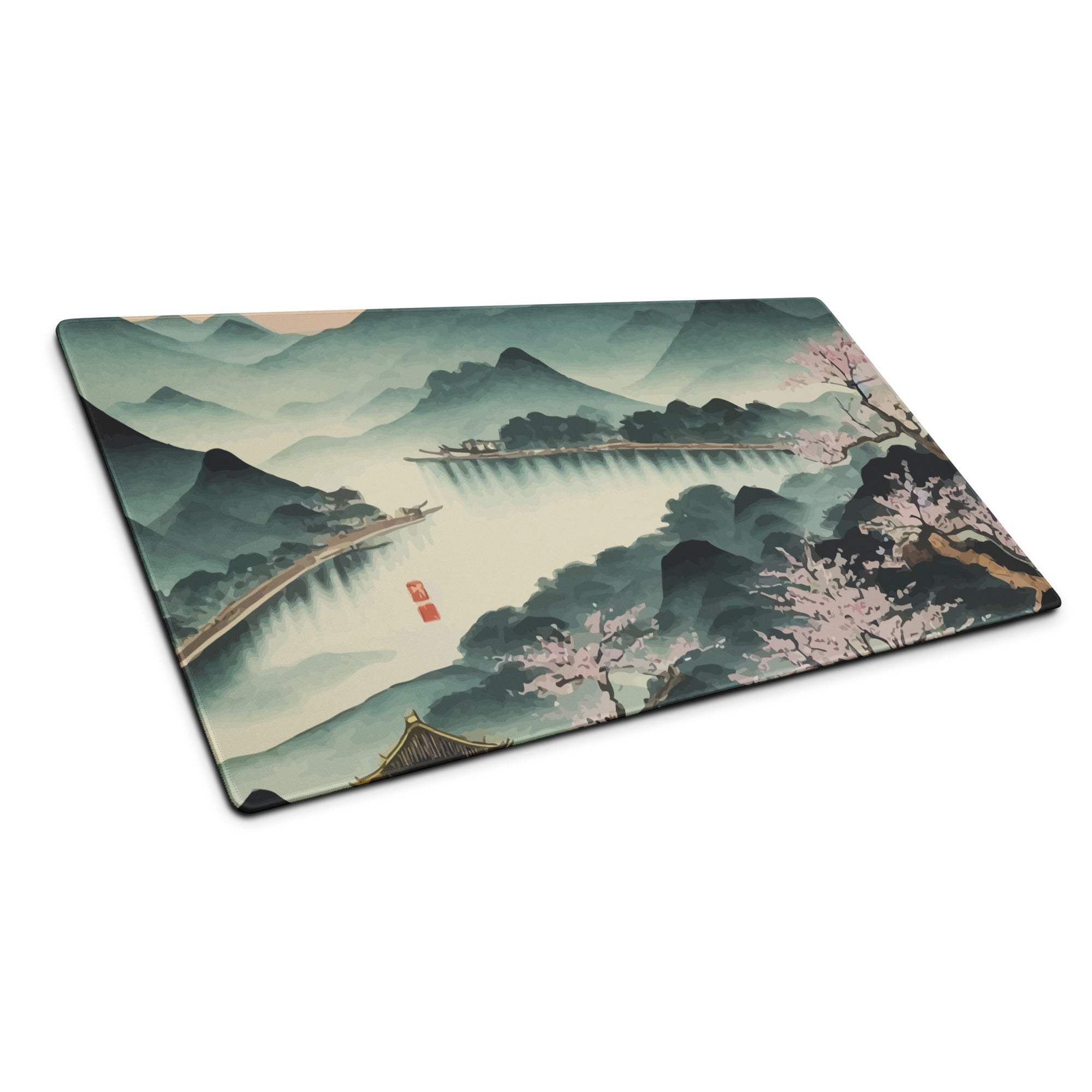 Serene Mountain Landscape Mouse Pad - Mountain Landscape Cherry Blossoms Teal Pink Desk Painterly Mood Watercolor