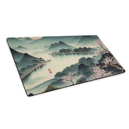 Serene Mountain Landscape Mouse Pad - Mountain Landscape Cherry Blossoms Teal Pink Desk Painterly Mood Watercolor
