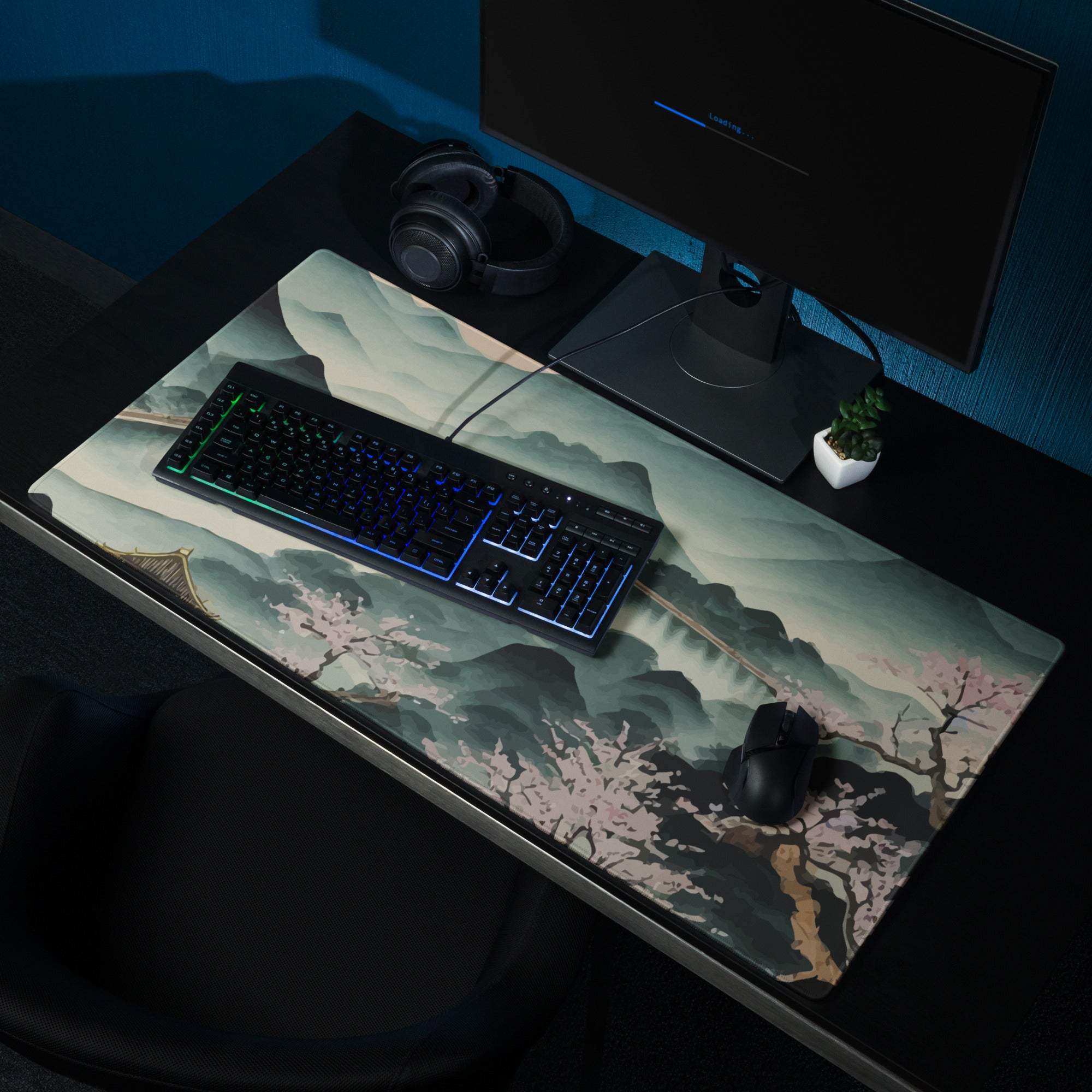 Serene Mountain Landscape Mouse Pad - Mountain Landscape Cherry Blossoms Teal Pink Desk Painterly Mood Watercolor