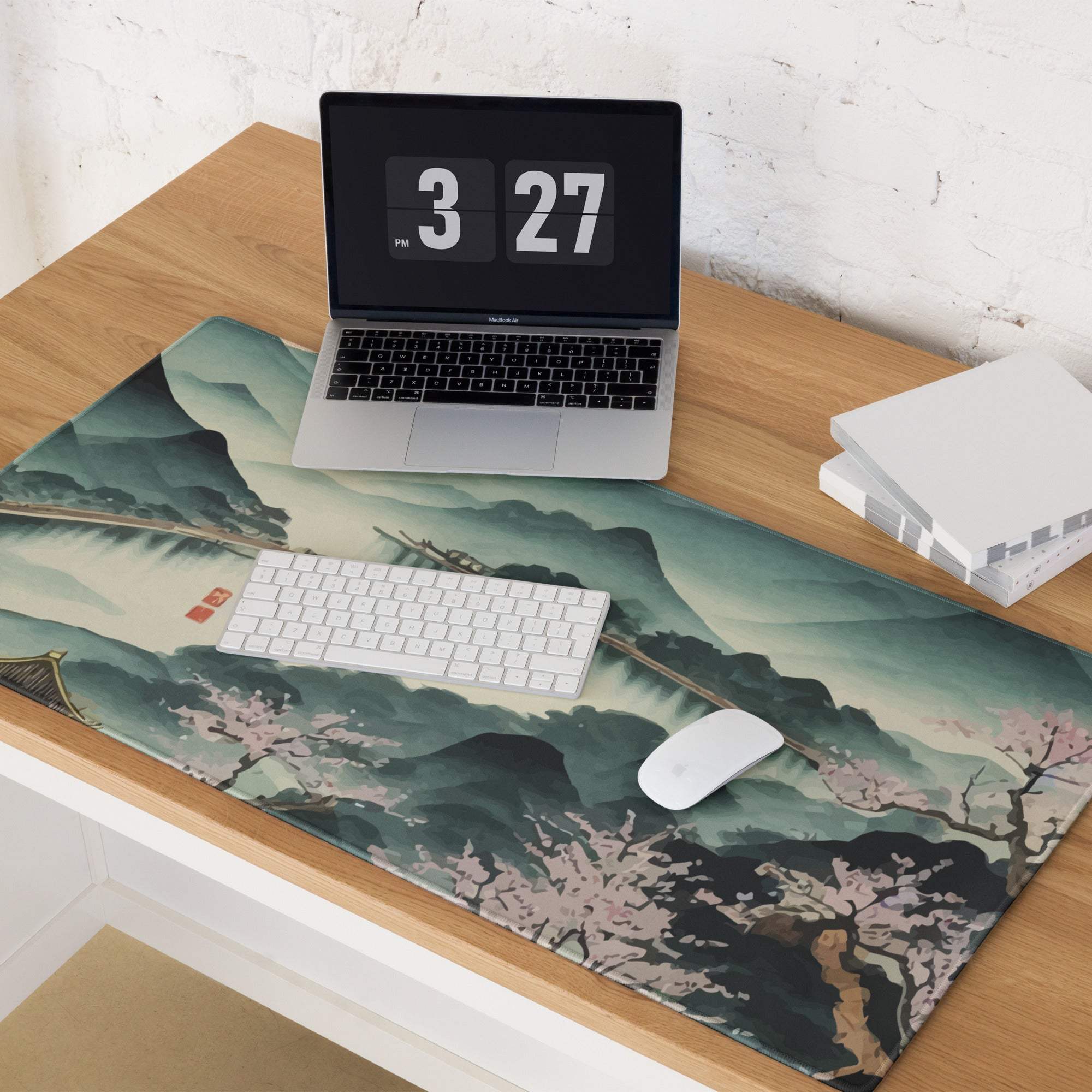 Serene Mountain Landscape Mouse Pad - Mountain Landscape Cherry Blossoms Teal Pink Desk Painterly Mood Watercolor