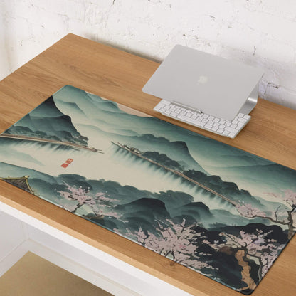 Serene Mountain Landscape Mouse Pad - Mountain Landscape Cherry Blossoms Teal Pink Desk Painterly Mood Watercolor