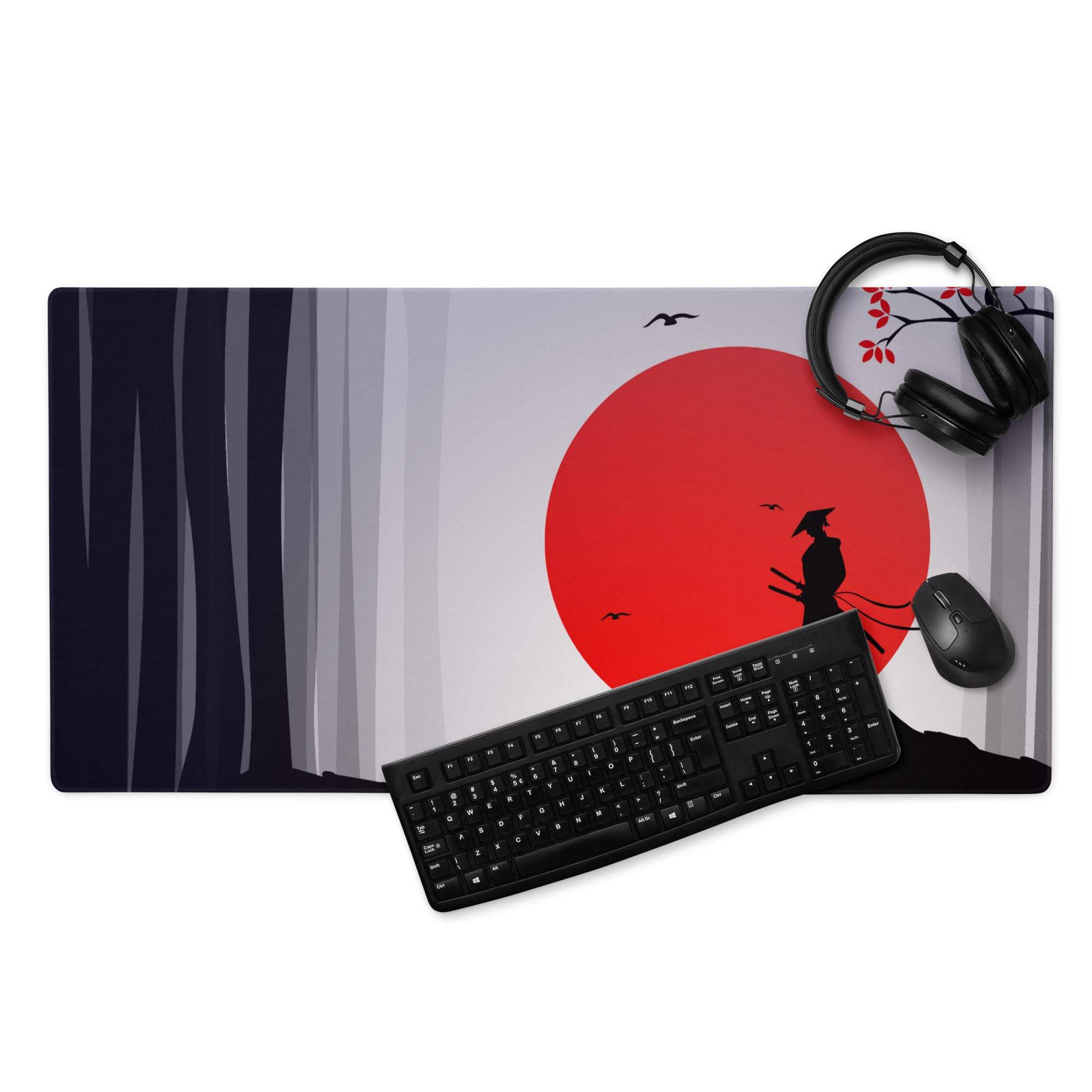 Red Sun Samurai Desk Pad - Samurai Silhouette Red Black Gray Gaming Pad Dramatic Zen Minimalist Papercut
