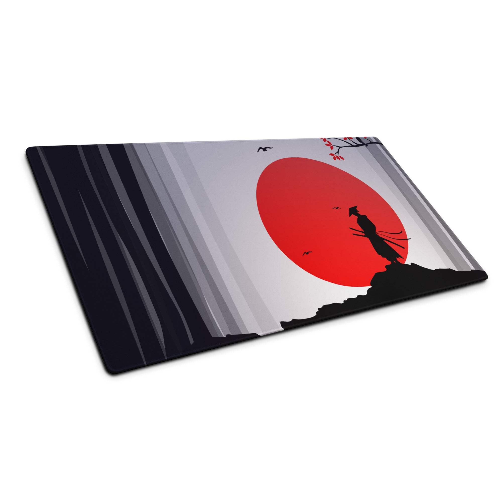 Red Sun Samurai Desk Pad - Samurai Silhouette Red Black Gray Gaming Pad Dramatic Zen Minimalist Papercut